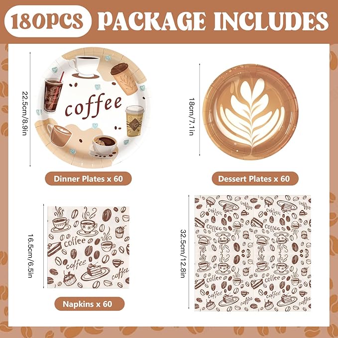 180Pcs Coffee Party Supplies Serves 60,Fun Coffee Cup Theme Paper Plates and Napkins Set for Baby Shower Birthday Party Decorations