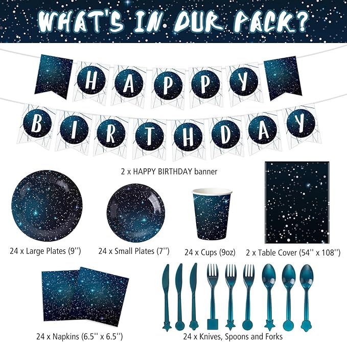 Tiamon 171 Pcs Galaxy Space Party Decoration Tableware Set Space Theme Birthday Decoration Galaxy Tablecloth Paper Plates Napkins, Birthday Banner for 24 Guests Party Supplies (Fresh Style)
