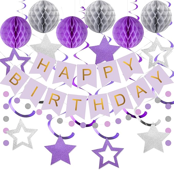 meowtastic Birthday Decorations, Happy Birthday Banner with Honeycomb Balls, Star Hanging Swirl Streamers, Circle Dot Garland, Happy Birthday Party Decoration for Women Men Boys Girls (Purple&Silver)
