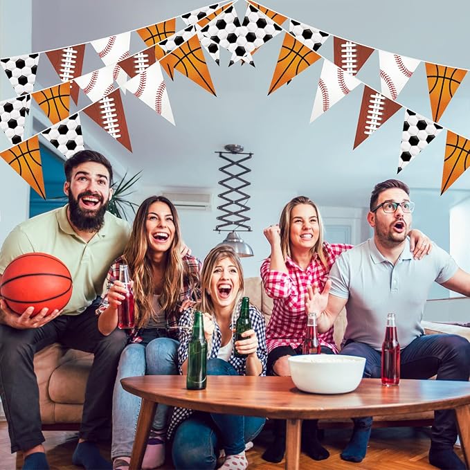HESTYA 5 Pcs 49 Ft Sport Party Decorations Football Pennant Banner Pre-Assembled Basketball Triangle Flag Bunting Garland for Baseball Soccer Birthday Party Supplies Sport Theme Decorations