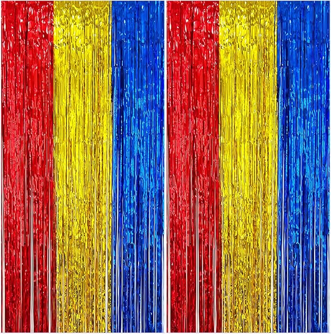 2 Pack Construction Foil Fringe Curtains, 3.3x6.6 Ft Blue Red and Gold Tinsel Backdrop Party Decorations Door Streamers for Birthday House Doorway Room,Photo Booth Props, Party Supplies