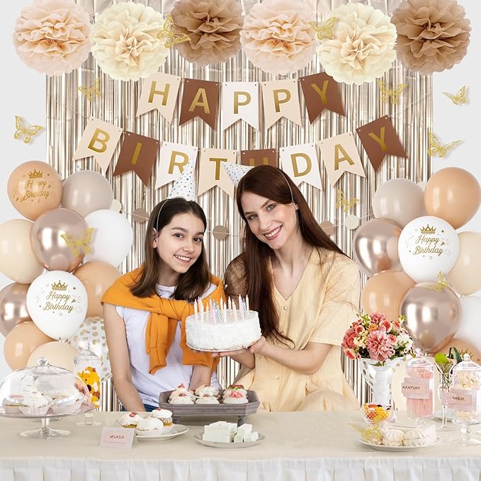 Neutral Birthday Decorations for Women Girls, White Sand Gold Confetti Metallic Printed Balloons Butterfly Stickers Fringe Curtain Happy Birthday Banner Circle Dots Paper Pompoms Party Decor Supplies