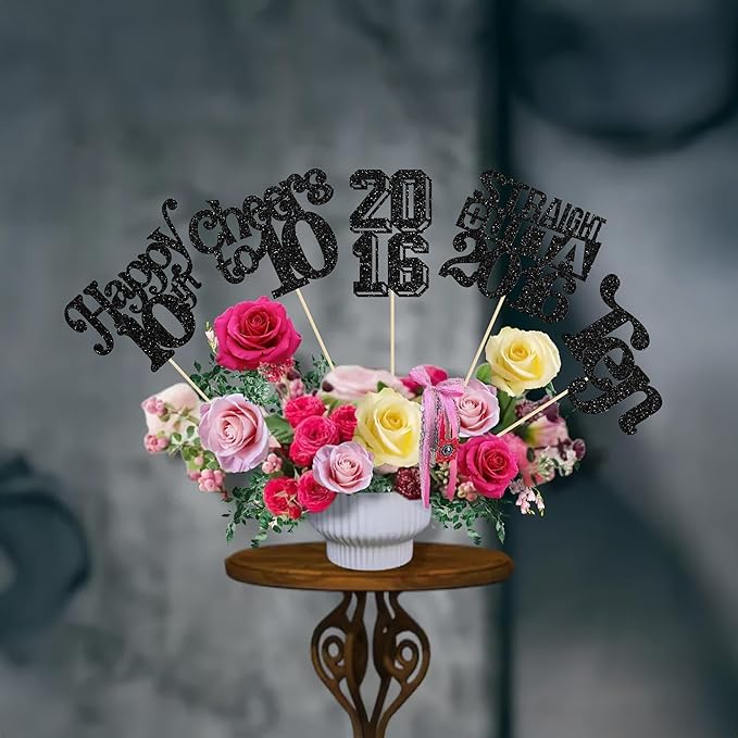 Gyufise 15Pcs Happy 10th Birthday Centerpiece Sticks Ten Straight Outta 2016 Table Flower Centerpieces Sticks Cheers to 10 Decorations for 10th Birthday Party Supplies Black