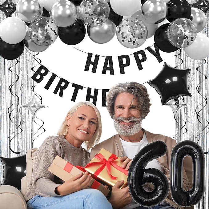 60th Birthday Decorations for Men Women- Black Silver Happy 60th Birthday Party Decor With Banner Backdrop,Number 60 Foil Balloon -Black White Balloons Garland Arch Kit for 60 Years Old Anniversary