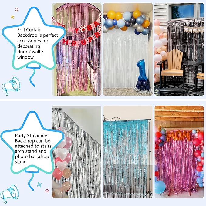 White Foil Fringe Backdrop Curtain 2 Pack 3.3x8.2 Ft, White Tinsel Streamers Birthday Party Decorations Fringe Backdrop for Birthday Graduation Christmas Halloween Baby Shower Gender Reveal