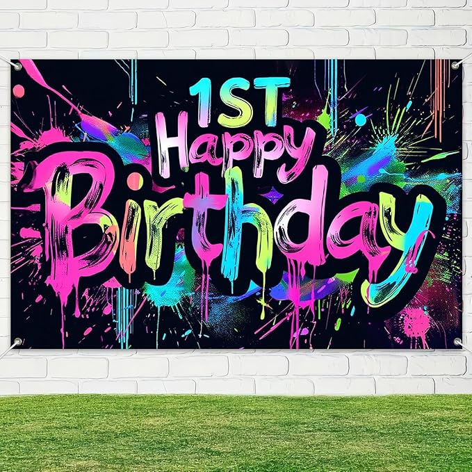 Neon 1st Happy Birthday Banner 71x43 Inch Paint Splatter Backdrop Colorful Wall Decorations for Kids Boys Girls First Birthday Photo Booth Background Supplies and Event Decor