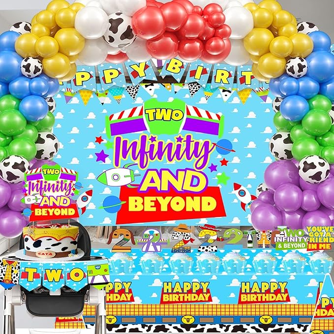 Two 2 Infinity & Beyond Birthday Decorations Cartoon Story Party Supplies 2nd Birthday include Backdrop Banner Cake Cupcake Toppers highchair Two Banner Balloons Arch Kits Tablecloth