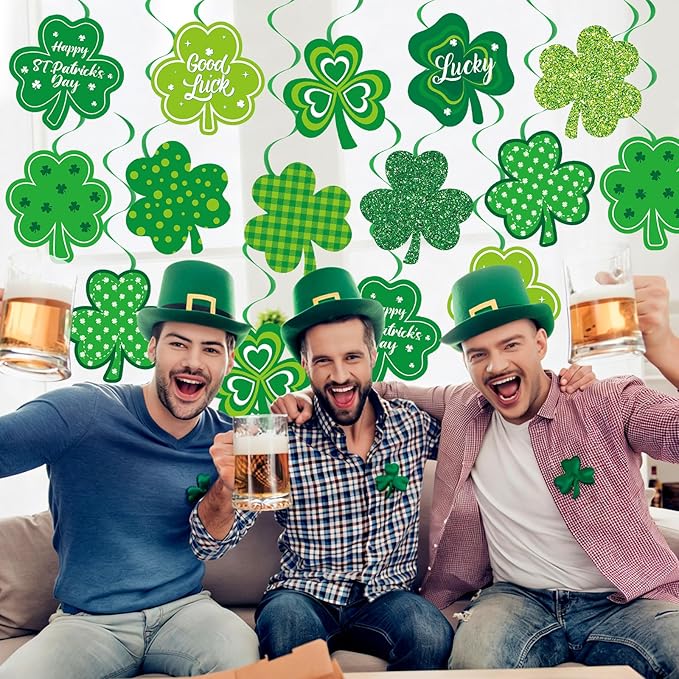 40Pcs St Patricks Day Shamrock Hanging Swirls Decorations, Lucky Irish Clover Hanging Streamer St Patricks Day Ceiling Decorations for Irish Saint Patrick Party Decor Supplies