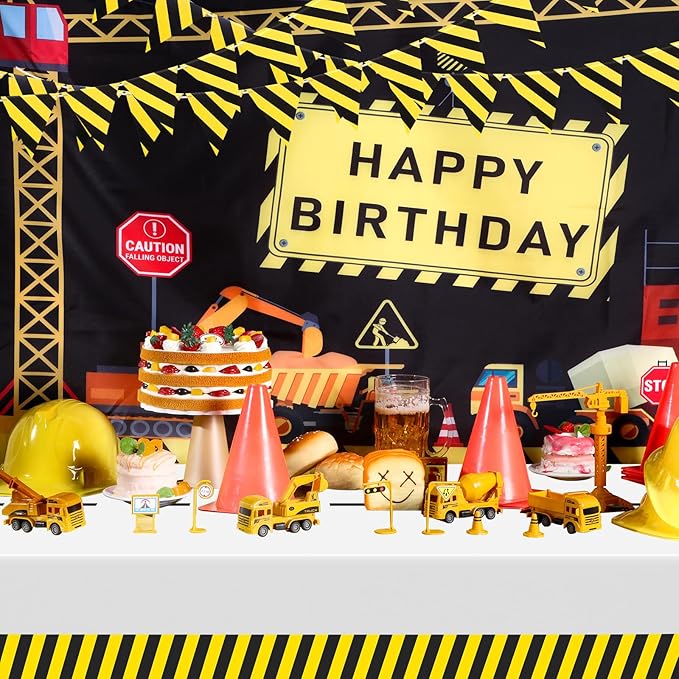 6 Pcs Construction Tablecloth Banner Birthday Party Supplies Decorations 4 Banners 2 Table Cloths Workplace Safety Decor Dump Truck Excavator Party Favors(White,Stripe)