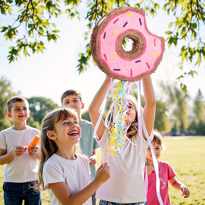 WERNNSAI Donut Piñata - Pink Donut Piñata with String Birthday Party Decorations Piñata with Stick Blindfold for Girls Kids Dount Pull String Piñata Family Games Birthday Party Supplies