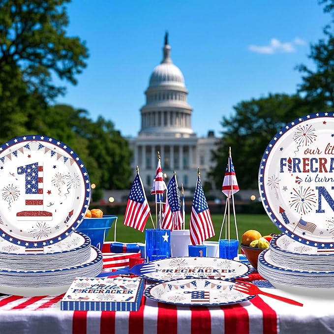 Grencian 96Pcs 4th of July 1st Birthday Party Supplies First Birthday Plates and Napkins Sets for Independence Day Patriotic Baby Shower One Year Old Decorations Serves 24