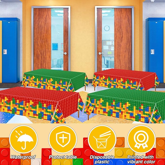 Oudain 2 Pcs Building Block Tablecloths Colorful Building Blocks Birthday Party Decorations 54 x 108 Inch Disposable Plastic Brick Table Cover Waterproof Brick Themed Party Supplies (Red,Green)