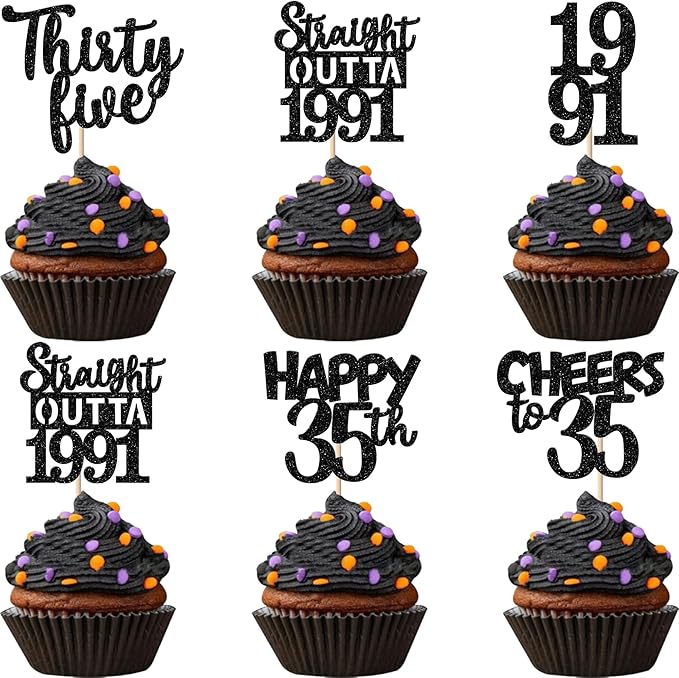 30PCS Black 35th Birthday Cupcake Toppers Glitter Thirty Five Happy 35 Straight Outta 1991 Cupcake Picks for Cheers to 35 Years 35th Birthday Anniversary Party Cake Decorations Supplies