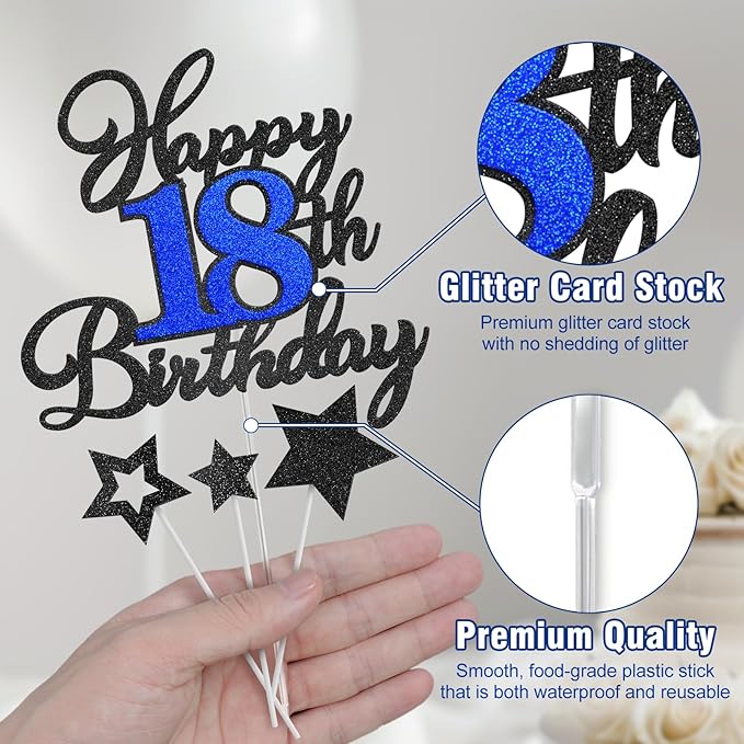 Happy 18th Birthday Cake Toppers, Black Blue Glitter Cake Decorations Set, 18th Birthday Decor, Birthday Anniversary Party Decorations Supplies
