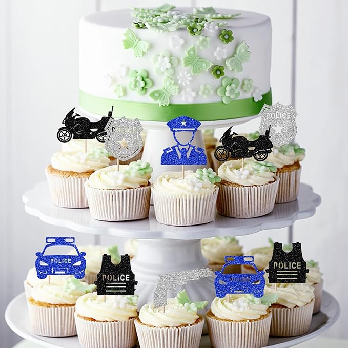 YCTHUNFISH 24 Pack Police Cupcake Toppers Glitter Policeman Police Officer Cupcake Picks Police Car Police Emblem Cake Decorations for Police Theme Kids Birthday Party Supplies Black Silver Blue