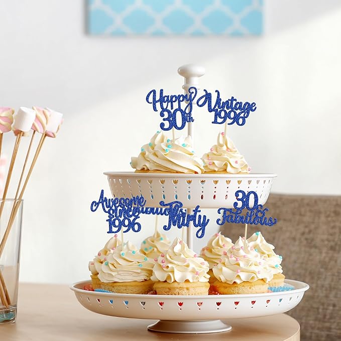 Ephlyn 30Pcs Happy 30th Birthday Cupcake Toppers Glitter Thirty Vintage 1996 Cupcake Picks Cheers to 30 Fabulous Cake Decorations for 30th Birthday Wedding Anniversary Party Supplies Dark Blue