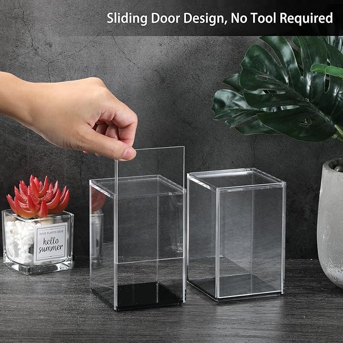 JUXYES Pack of 2 Clear Acrylic Display Case with Sliding Door for Mini Action Figures, Stackable Display Case Cube Small Showcase Free Standing Collectibles Protection Box, Black Bottom