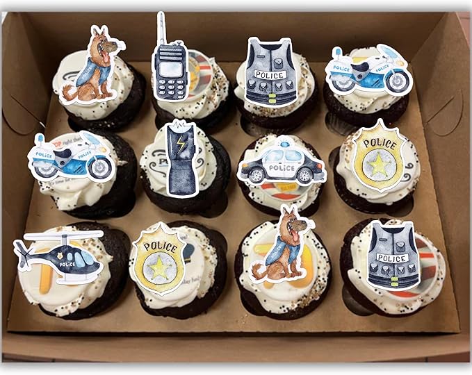 64 Pack Edible Police Cupcake Toppers Wafer Paper Selection Helicopter Car Dog Badge Uniform Gun Cupcake Picks for Police Themed Birthday Party Cake Decoration Supplies