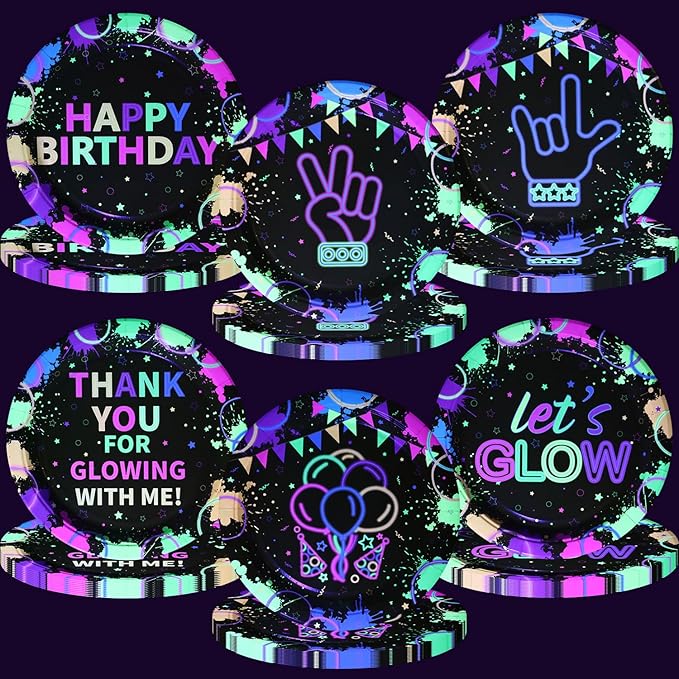 60 Pcs Neon Plates, 9'' Neon Party Decorations Paper Plates for Glow in the Dark Party Supplies Let's Glow Decor