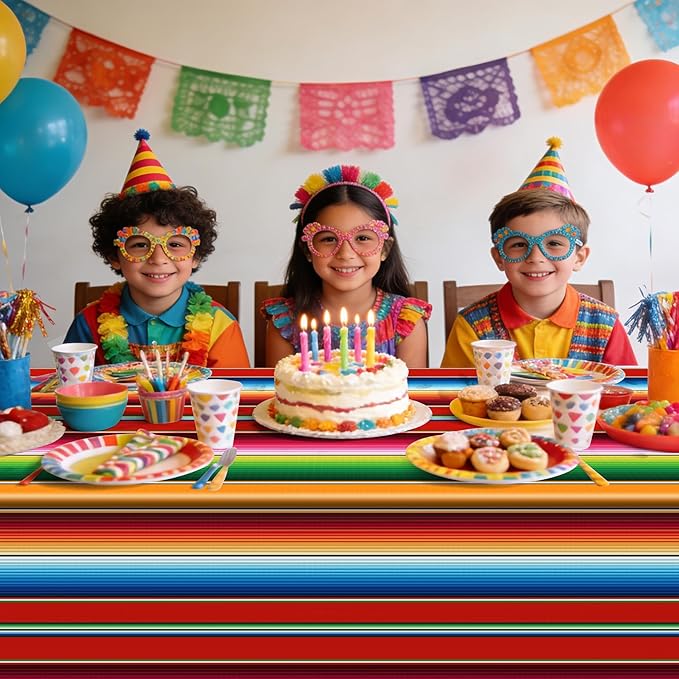 2 PCS Mexican Fiesta Plastic Tablecloth 108 x 54 Inch Mexican Striped Disposable Table Covers Waterproof Cinco De Mayo Rectangle Party Table Cloth for Fiesta Taco Mexico Themed Birthday Party Supplies