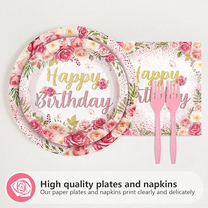 96Pcs Rose Floral Birthday Party Supplies Rose Gold Pink Floral Plates and Napkins Tableware Sets for Womens Girls Lady Happy Birthday Flowers Party Decorations Serves 24