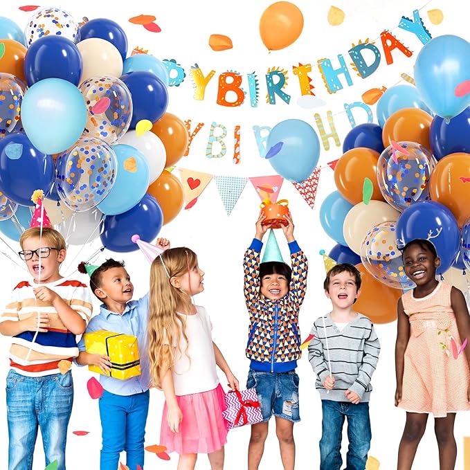 Blue and Orange Balloons, 60pcs 12 Inch Orange Blue White Nude Latex Balloon with Confetti Balloons Ribbon for Baby Shower Graduation Blue Birthday Party Decorations