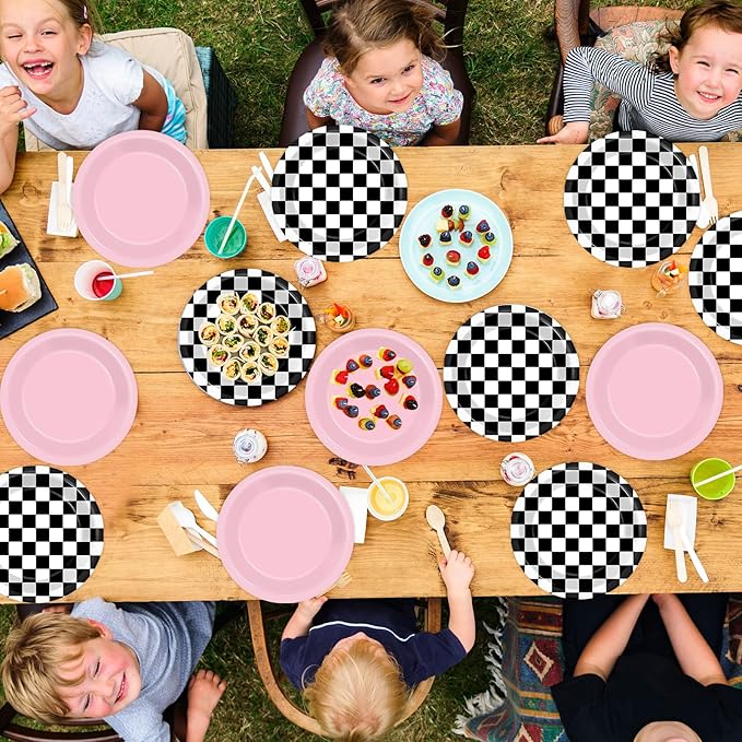 48Pcs Pink Checkered Birthday Paper Plates for Racing Car Theme Party Supplies 7" Hot Pink Race Car Disposable Black White Checkered Plates for Kids Girls Birthday Baby Shower Party Decorations