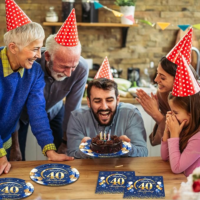 40PCS Happy 40th Birthday Decorations Navy Blue and Gold Theme Party for 40 Years Old Party Decorations Include Plates Napkins For Men Boys Girls Women