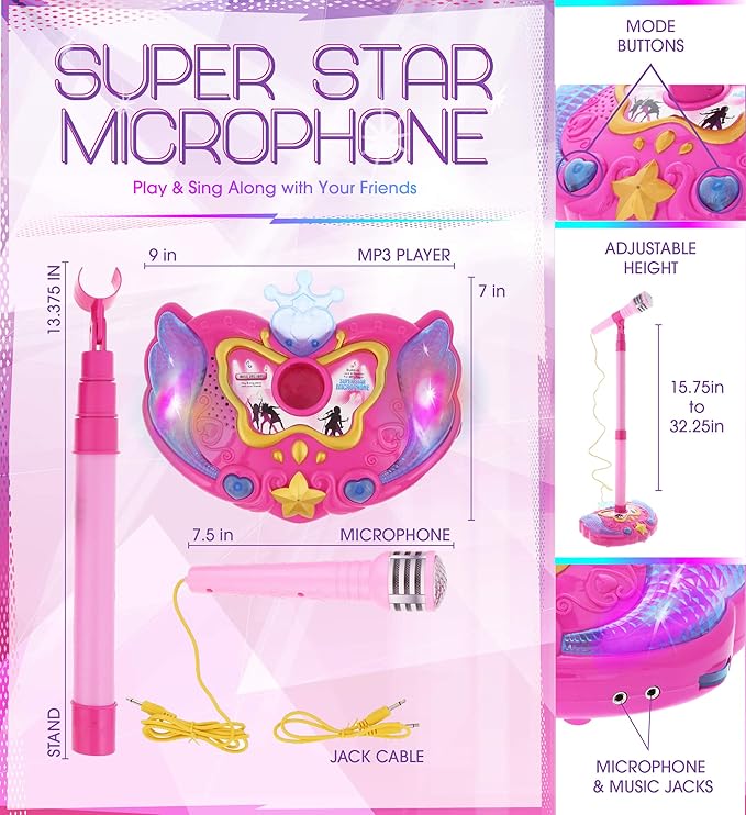 Mozlly Super Star Kids Karaoke Machine with Microphone Stand Playset - Pink Microphone with Stand with Built-in Jack and Speaker for MP3 Player, Singing Toys for Girls and Boys with Music and Light