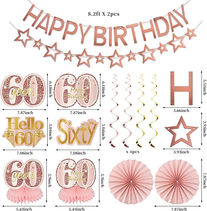 60th Birthday Decorations for Women, Pink Rose Gold Happy 60 years old Birthday Banner Backdrop Sash Table Cake Topper Balloons Honeycomb Centerpieces Hanging Swirls Paper Fans Party Supplies