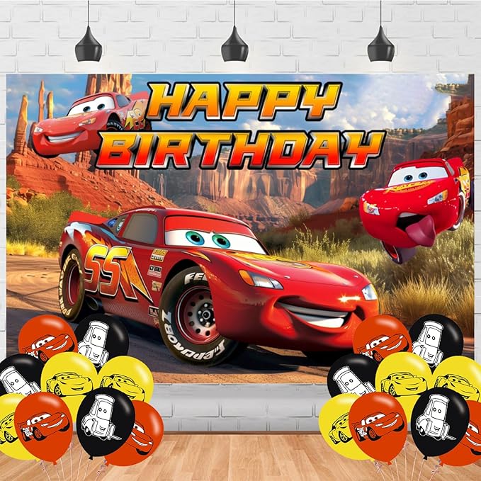 Cartoon Car Backdrop 5x3 Vinyl Maqueen Car Birthday Party Supplies Photography Background Picture Photoshoot Cake Table Decor Banner Shoot Drapes Poster