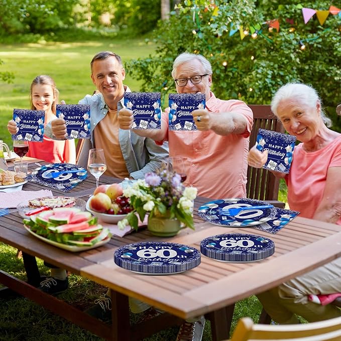 96 Pcs 60th Birthday Party Supplies Navy Blue and Silver Birthday Plates 60th Birthday Paper Tableware Happy Birthday Party Plates and Napkins Forks Blue Birthday Table Decorations for 24 Guests