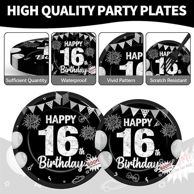 96PCS 16th Birthday Plates and Napkins Black Silver 16th Birthday Supplies for Boys and Girls Disposable Dessert Paper Plates Happy 16 Year Old Party Kids Birthday Gatherings Decorations