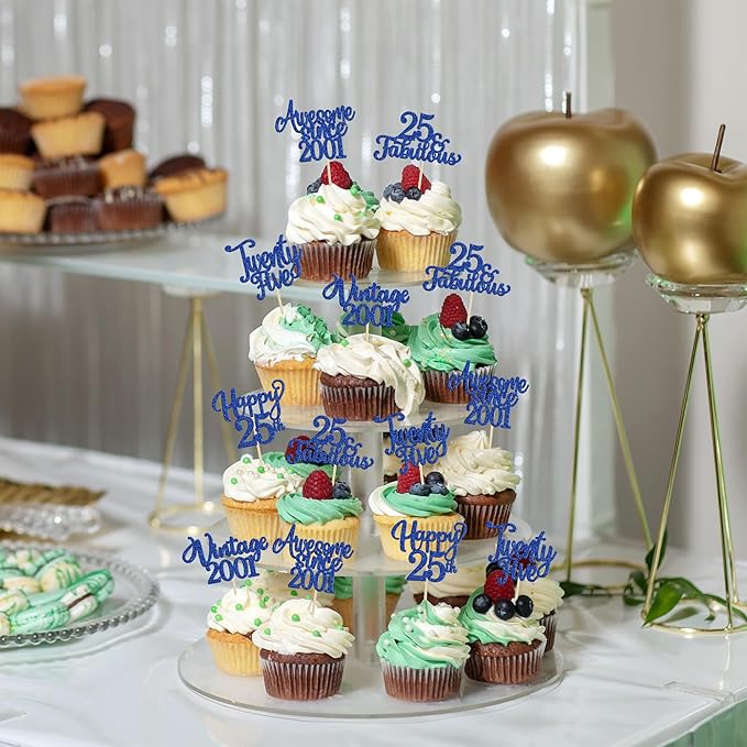 Ephlyn 30Pcs Happy 25th Birthday Cupcake Toppers Glitter Twenty-Five 25 Fabulous Vintage 2001 Cupcake Picks for 25th Birthday Anniversary Retirement Party Cake Decorations Supplies Dark Blue