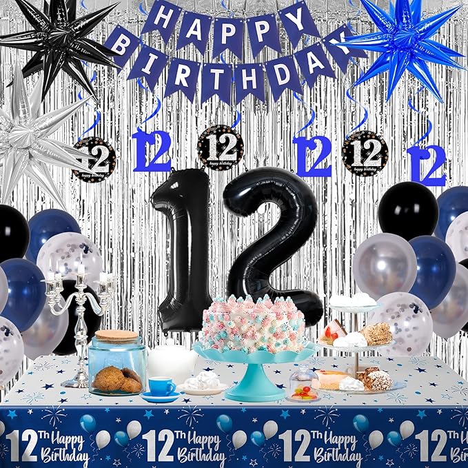 12th Birthday Decorations for Boys and Girls Dark Blue, 12 Year Old Party Supplies with HAPPY BIRTHDAY Banner 12 Balloon Number Tablecloth Foil Star Balloons Garland Arch Kit