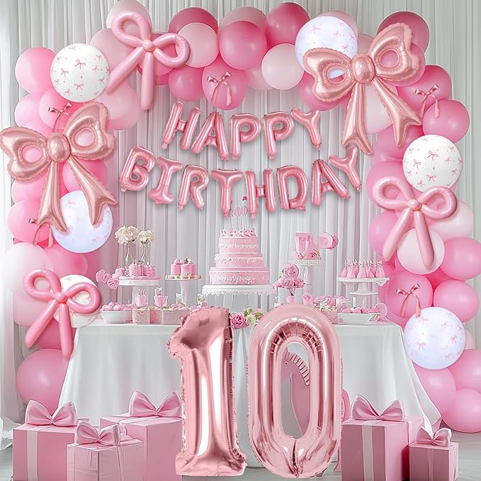 Bow Number 0 Birthday Balloons, 40”Pink Aluminum Foil Balloons Happy Birthday Balloon for Girl Birthday Party, Princess, Coquette Party Decorations Supplies