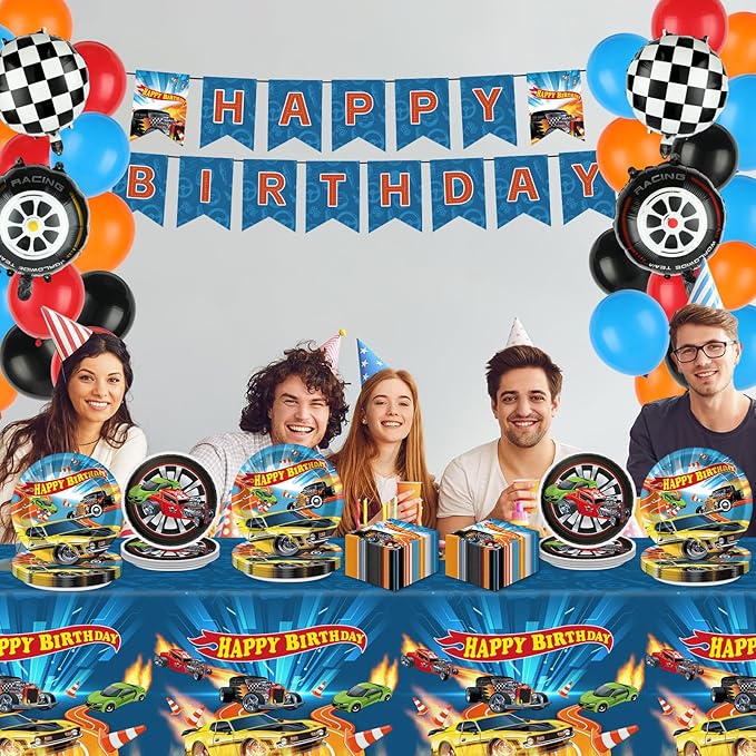 127Pcs Wheels Race Car Birthday Party Supplies Race Cars Plates Napkins Tablecloth with Racing Car Banner Monster Truck Wheels Checkered Balloons Racing Signs Decorations