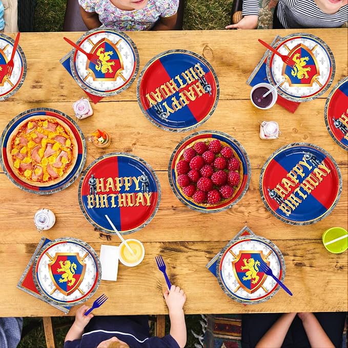 96Pcs Medieval Fantasy Birthday Party Decorations with Lion Knight Medieval Plates and Napkins Sets Castle Birthday Decorations for Boys Girls Dragon Theme Castle Celebration Party Supplies Serves 24