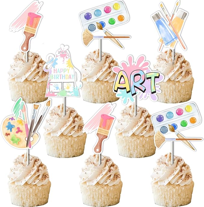 Art Birthday Party Decorations Girl - 24pcs Art Paint Party Cupcake Toppers, Pastel Rainbow Art Birthday Party Cake Decor for Crayon Painting Drawing Artist Birthday Party Supplies