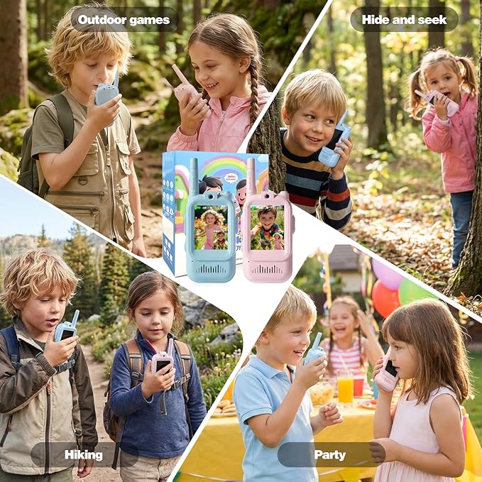 Kids Video Walkie Talkie Set, Handheld Rechargeable Video Walkie-Talkie Toy, 1000-Foot Communication Range, Fun Toy for Indoor/Outdoor Play, Camping, Hiking, Travel for Children Ages 3-12 (Blue/Pink)