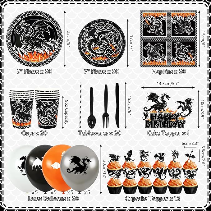 Dragon Birthday Party Decoration ,Including Happy Birthday Party Banner, Dinner Plates, Dessert Plates, Cups, Napkins, Tablecloth, Balloons, Straws, for Dragon Theme Party Supplies 20 Guest (A)