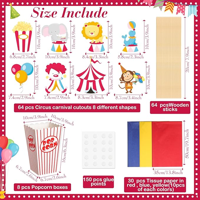 4 Sets Circus Carnival Party Centerpieces Decorations Circus Theme Table Toppers with Popcorn Box Cutouts and Sticks for Carnival Party Birthday Decor Supplies