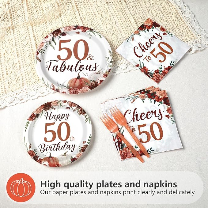 Grencian 96Pcs Fall Burgundy Floral 50th Birthday Party Decorations 50th Fabulous Plates and Napkins Cheers to 50 Tableware for Women 50 Years Old Birthday Party Decorations Serves 24