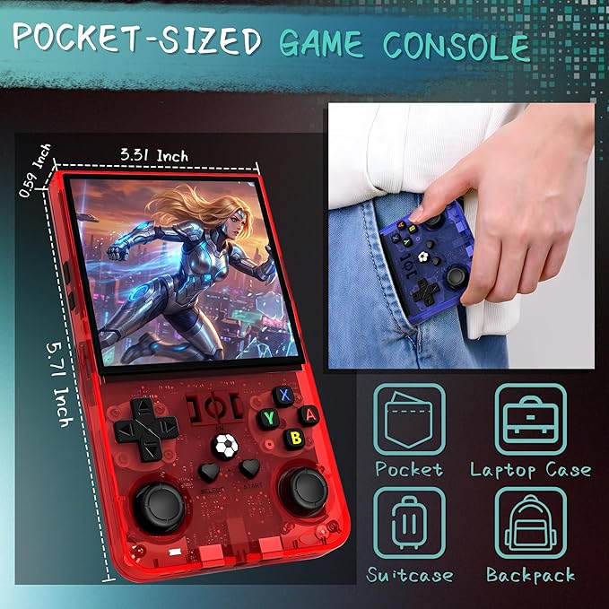 R36MAX Handheld Game Console, 40000+ Games Retro Gaming Console, 256GB TF Card Mini Retro Video Console, 4000mAh Rechargeable 4.0" IPS HD Screen Portable Pocket Arcade (Transparent Red)
