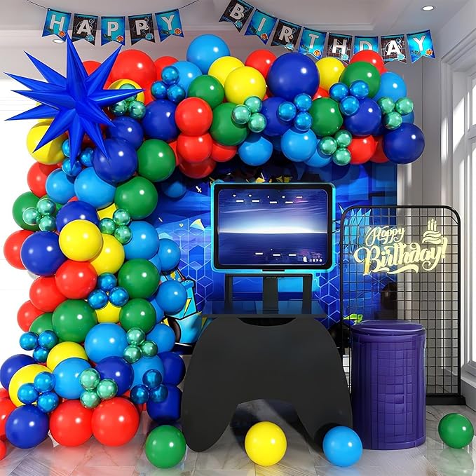 Red Blue Yellow Green Balloons Garland Arch Kit Primary Colors Balloon Arch with Explosion Star Foil Balloons Metallic Blue Green Balloon for Carnival Party Decorations