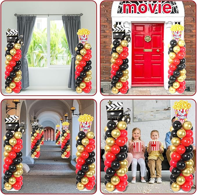 2 Sets Movie Night Balloon Column Stand Kit With 102 Popcorn Clapboard Foil Balloons 5.57ft Adjustable Tower Stand With Base Adjustable Arch Column for Camera Film Movie Birthday Party Supplies