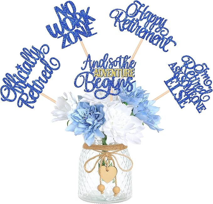 15 PCS Happy Retirement Centerpiece Sticks Officially Retired Table Flower Centerpieces Sticks No Work Zone Floral Decorations for Retirement Theme Farewell Birthday Party Centerpieces Supplies Blue