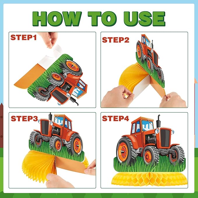 Zonon 6 Pieces Tractor Birthday Decorations, Tractor Honeycomb Table Centerpiece Party Supplies Farmhouse Decor for Tractors Birthday Party Supplies, 6 Designs