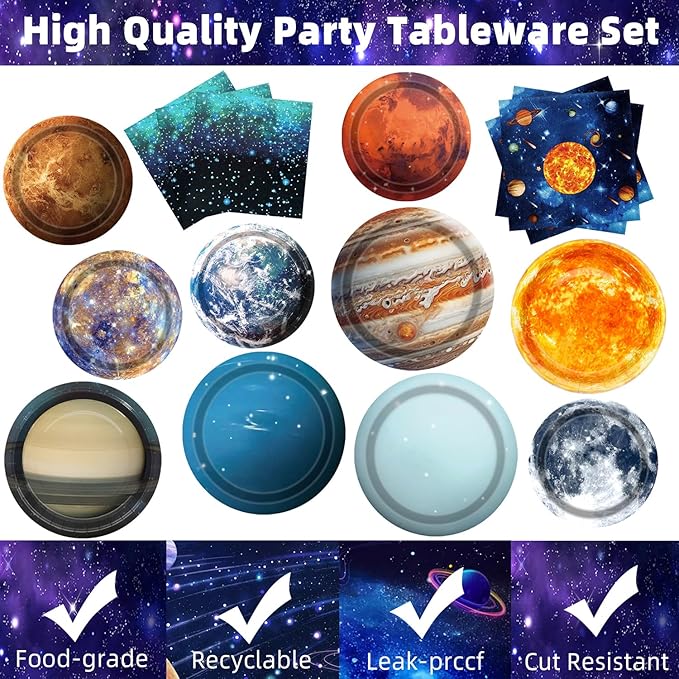 Space Theme Party Decorations 142Pcs Galaxy Planet Outer Space Disposable Plates and Napkins Cups Tablecloth Banner Knives Forks Spoons for Kids Space Solar System Planets Birthday Party Supplies