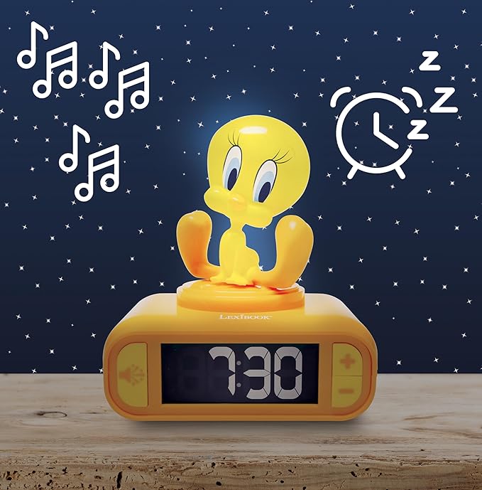 LEXiBOOK, Tweety, Tweety Night Light Alarm Clock, Sounds and Melodies, Backlit LCD Screen, Illuminated, Snooze, Yellow, RL800TW